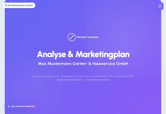 Scroll-Vorschau durch einen anonymisierten Beispielbericht von Market Compass: Marktgröße, Positionierung, Zielgruppen-Steckbrief und Fahrplan