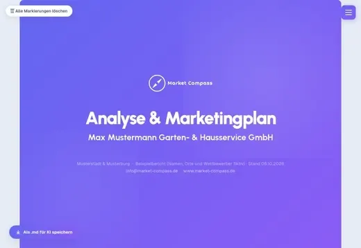 Scroll-Vorschau durch einen anonymisierten Beispielbericht von Market Compass: priorisierte Potenziale, schnellster Hebel, Fahrplan und offene Punkte