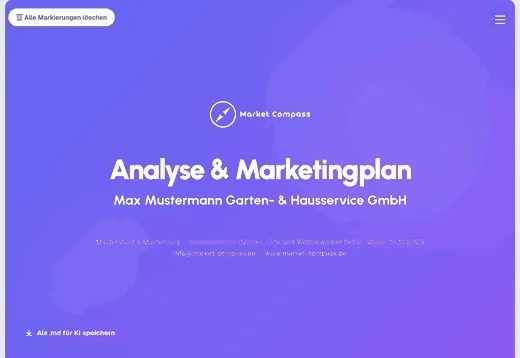 Scroll-Vorschau durch einen anonymisierten Beispielbericht von Market Compass
